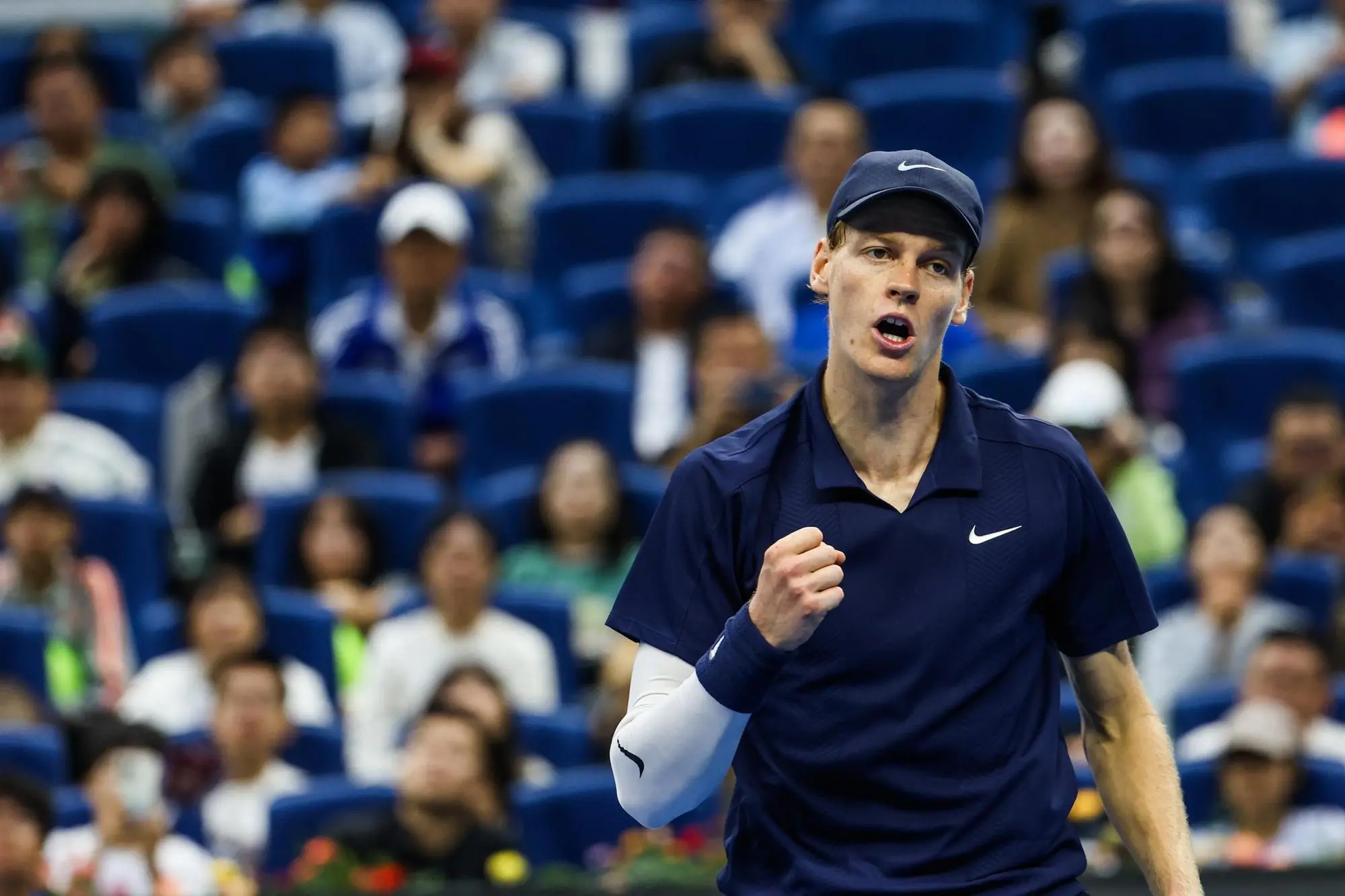 epa12409518 Jannik Sinner of Italy reacts during the men's singles round of 16 match against Terence Atmane of France at the China Open tennis tournament in Beijing, China, 27 September 2025. EPA/WU HAO