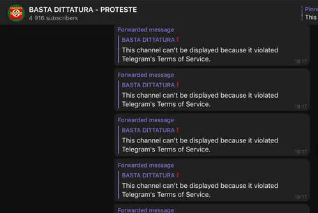 Un schermata della chat &quot;Basta Dittatura&quot; bloccata da Telegram (Ansa)
