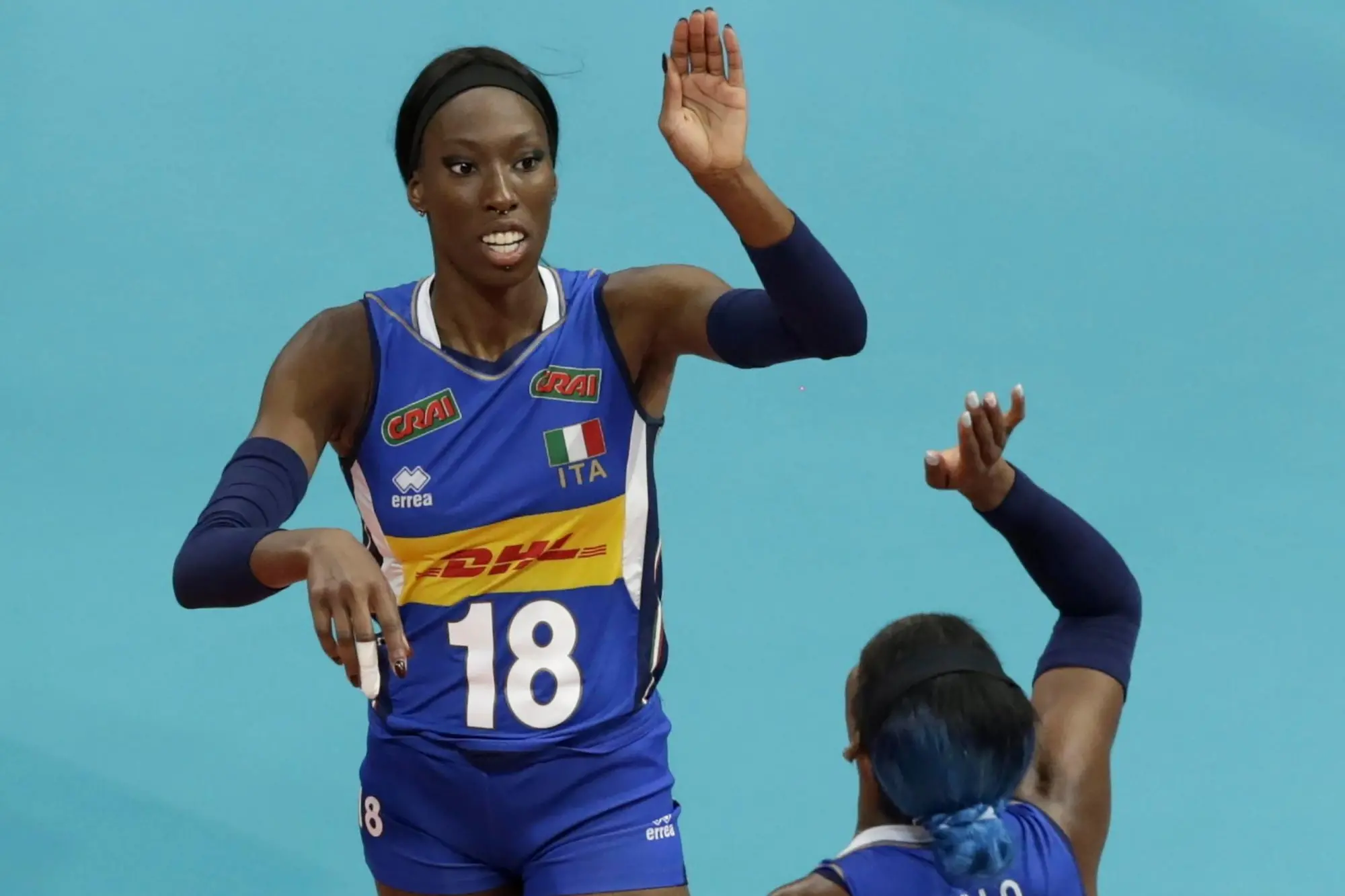 Italy's Paola Ogechi Egonu (L) reacts during the 2021 Women's European Volleyball Championship, semifinal match between the Netherlands and Italy in Belgrade, Serbia, 03 September 2021. ANSA/ANDREJ CUKIC