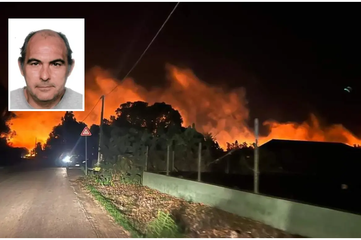 L'incendio a Capoterra e, nel riquadro, la vittima, Antonio Garau (L'Unione Sarda)