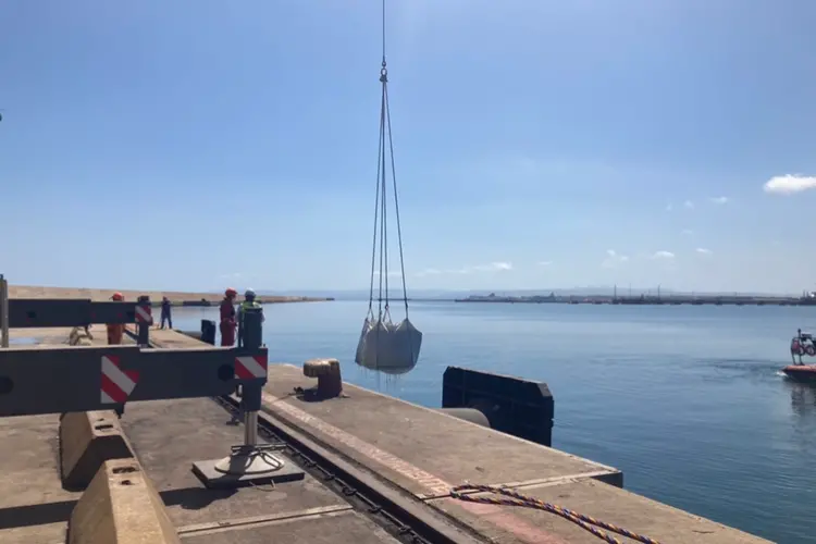 Il recupero del carbone sversato a Fiume Santo (foto Pala)