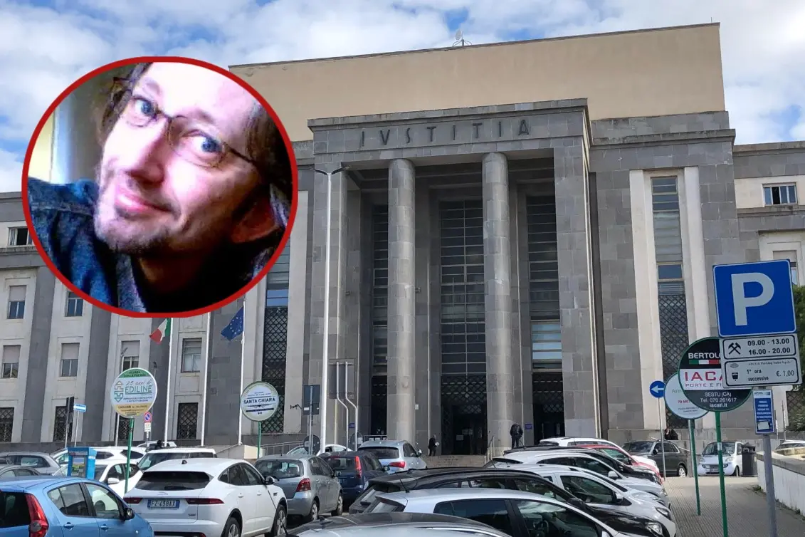 Il Tribunale di Cagliari e, nel tondo, Andrea Caldart