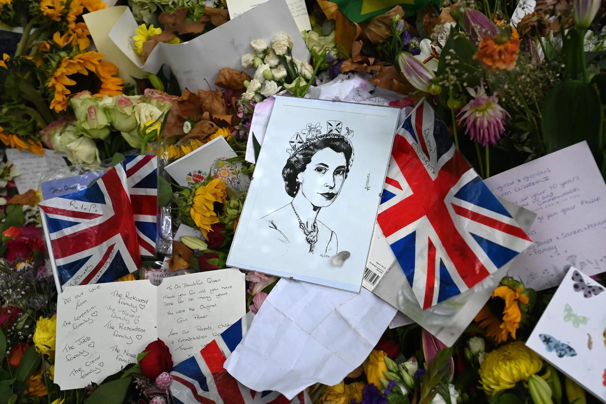 Omaggi floreali per la regina Elisabetta fuori da Buckingham Palace (Ansa - Epa, Rain)