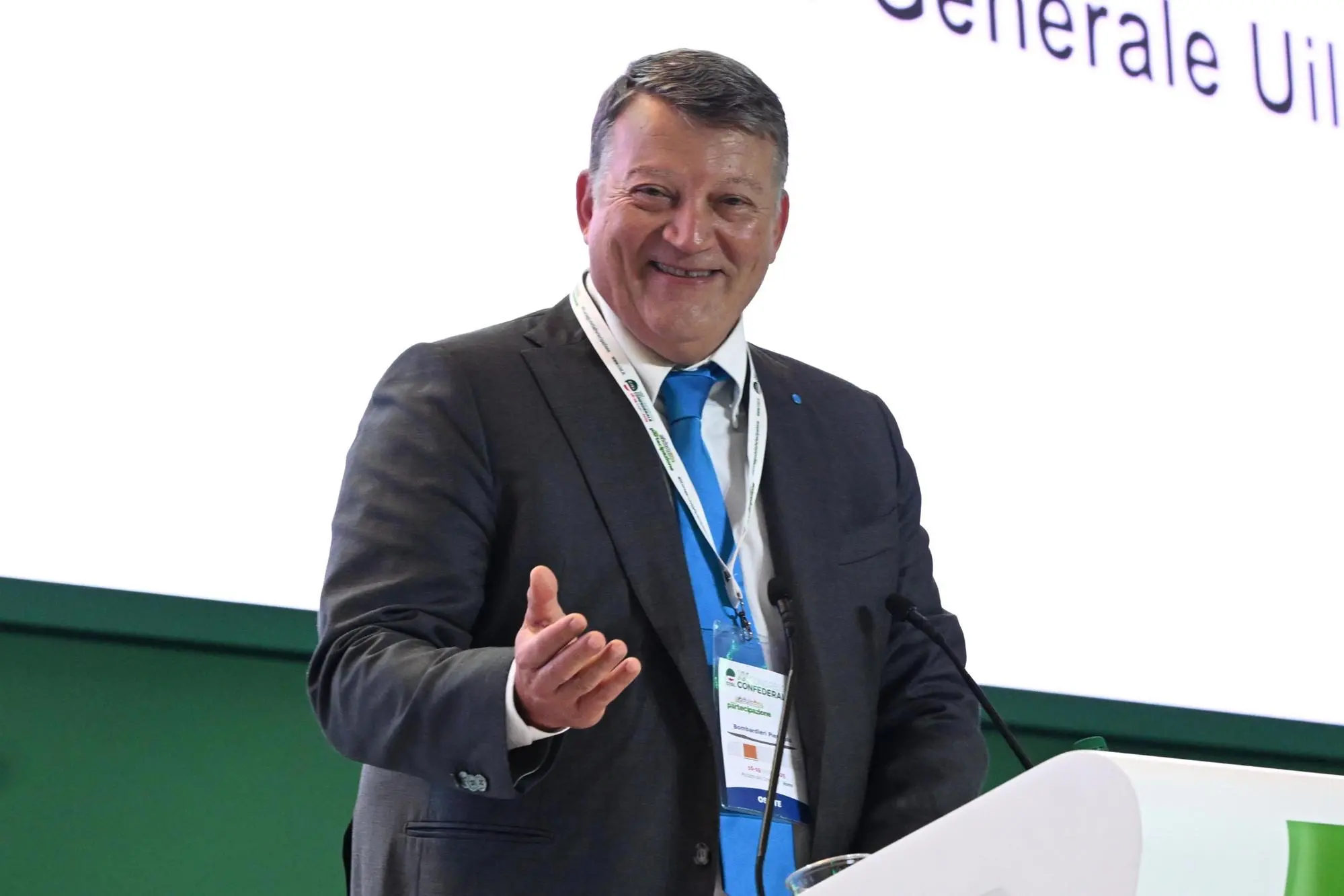 L'intervento del segretario generale della UIL, Pierpaolo Bombardieri, nel corso del XX Congresso Confederale della CISL a Roma, 16 luglio 2025. ANSA/MAURIZIO BRAMBATTI