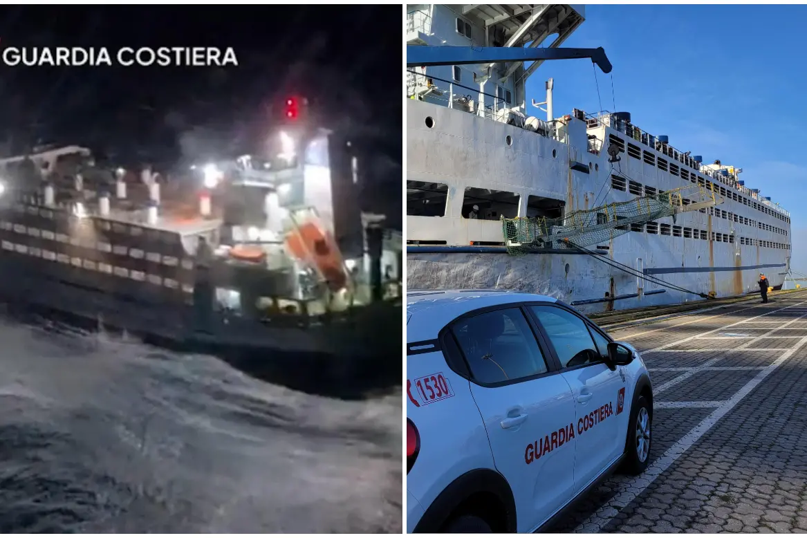 A sinistra il salvataggio della Blue Ocean A, a destra la nave in porto a Cagliari (Archivio)