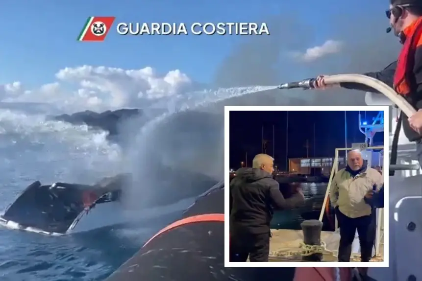 Lo yacht distrutto e, nel riquadro, i due naufraghi salvati