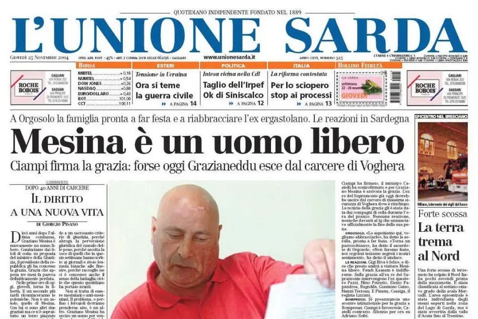 La prima pagina de L'Unione Sarda del 25 novembre 2004
