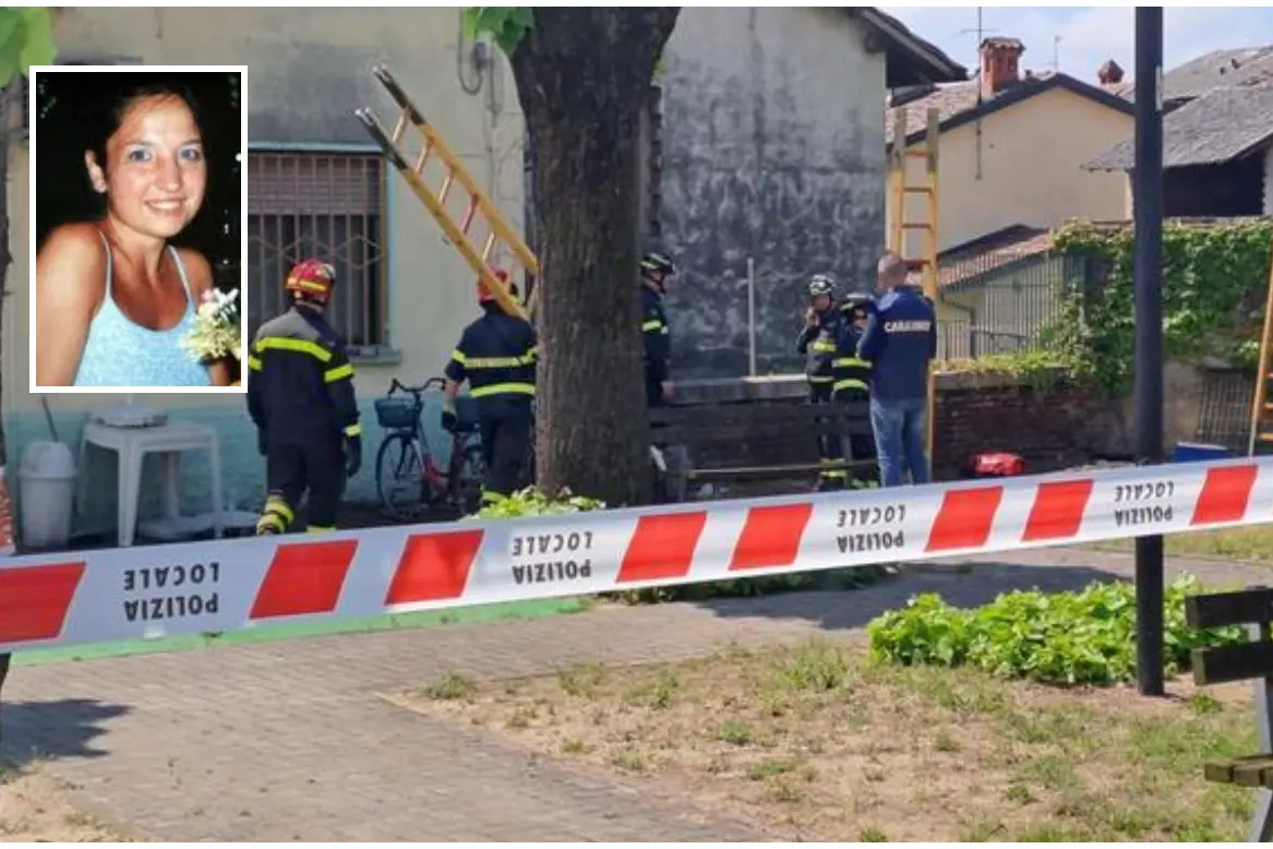Gli accertamenti dei vigili del fuoco, nel riquadro Chiara Poggi (foto Ansa)