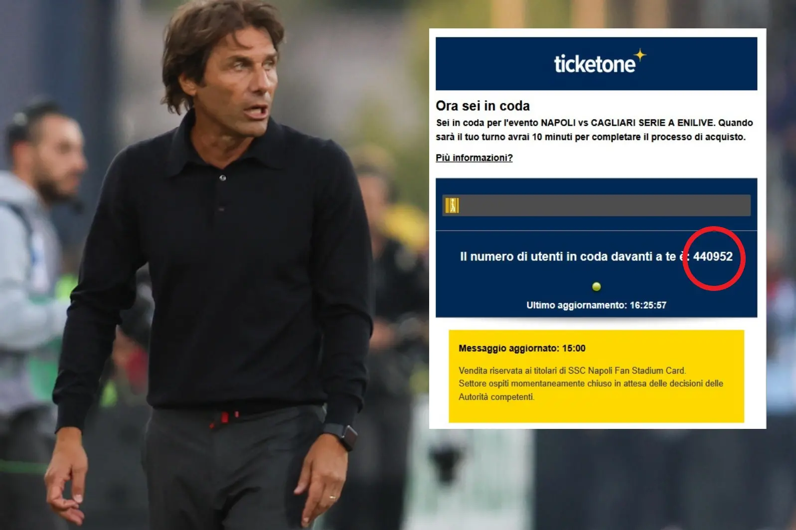 La coda dei biglietti per Napoli-Cagliari e, a sinistra, l'allenatore dei partenopei Antonio Conte