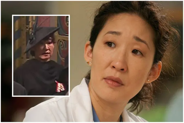 Sandra Oh in Grey's Anatomy, nel riquadro ai funerali di Elisabetta (dai social)