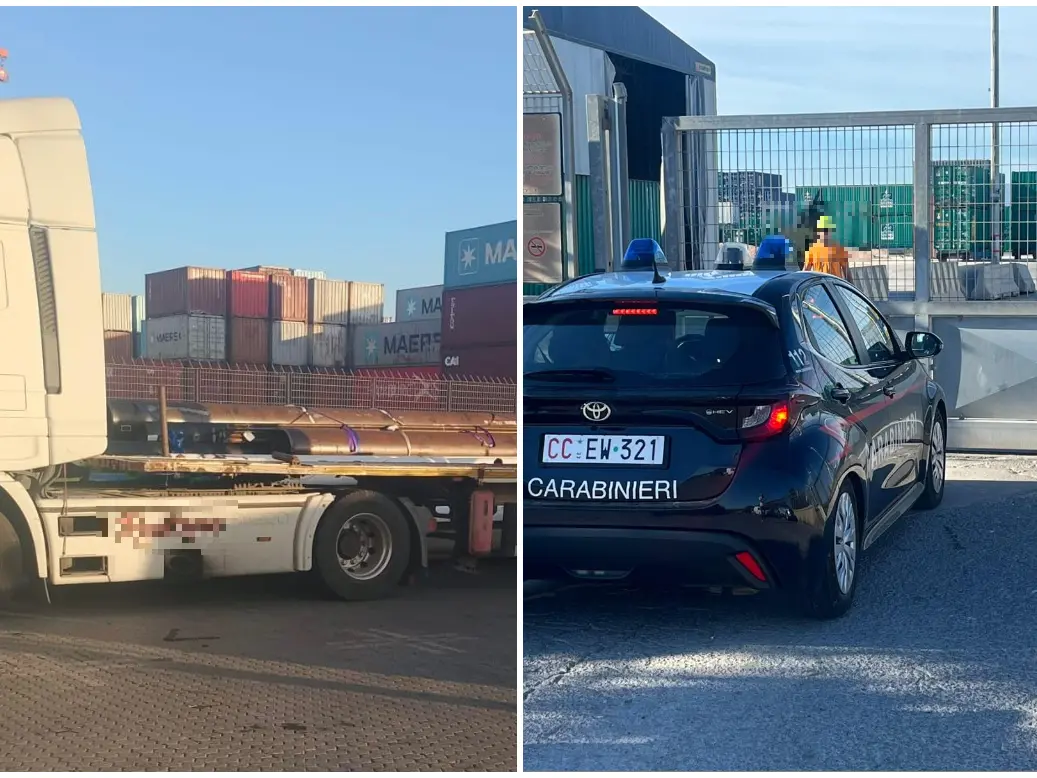 Il luogo dell'incidente al Porto canale, a destra l'arrivo dei carabinieri