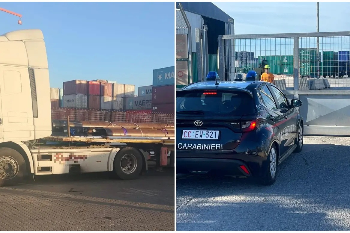 Il luogo dell'incidente al Porto canale, a destra l'arrivo dei carabinieri