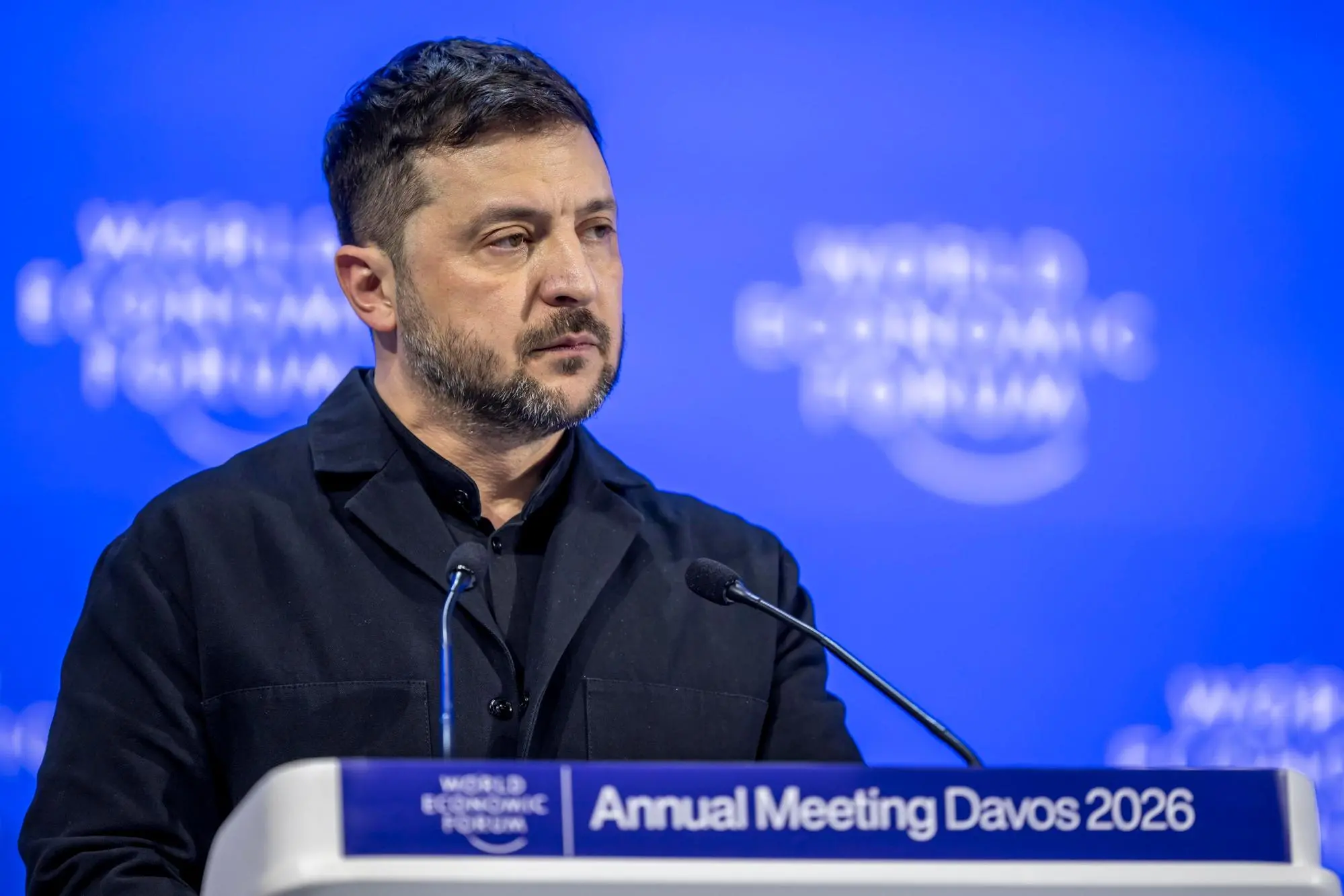 epa12671258 Ukrainian President Volodymyr Zelensky speaks during a panel discussion during the 56th annual meeting of the World Economic Forum(WEF), in Davos, Switzerland, 22 January 2026. The 2026 summit, running from 19 to 23 January and held under the theme 'A Spirit of Dialogue,' brings together global political leaders, corporate executives, and scientists to address international challenges. EPA/GIAN EHRENZELLER