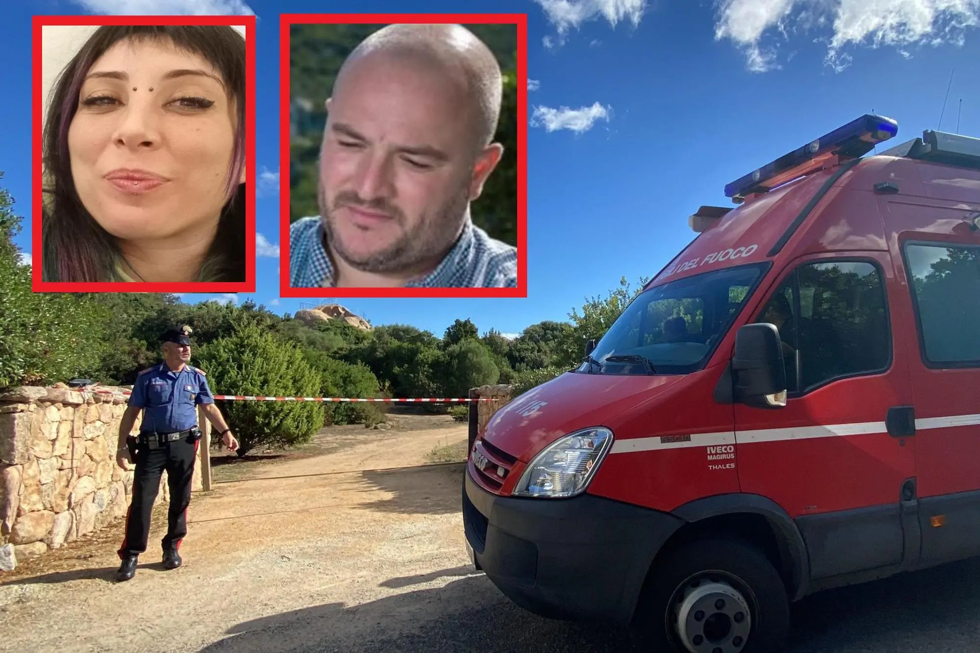 Gli inquirenti sul luogo del delitto e, nei riquadri Cinzia Pinna- la vittima - e Emanuele Ragnedda
