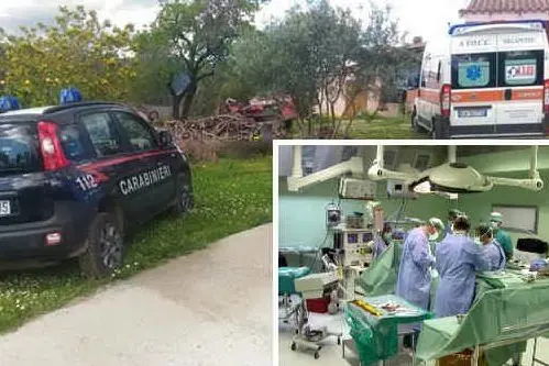 Carabinieri e ambulanza sul luogo dell'incidente a Castiadas; nel riquadro, una sala operatoria