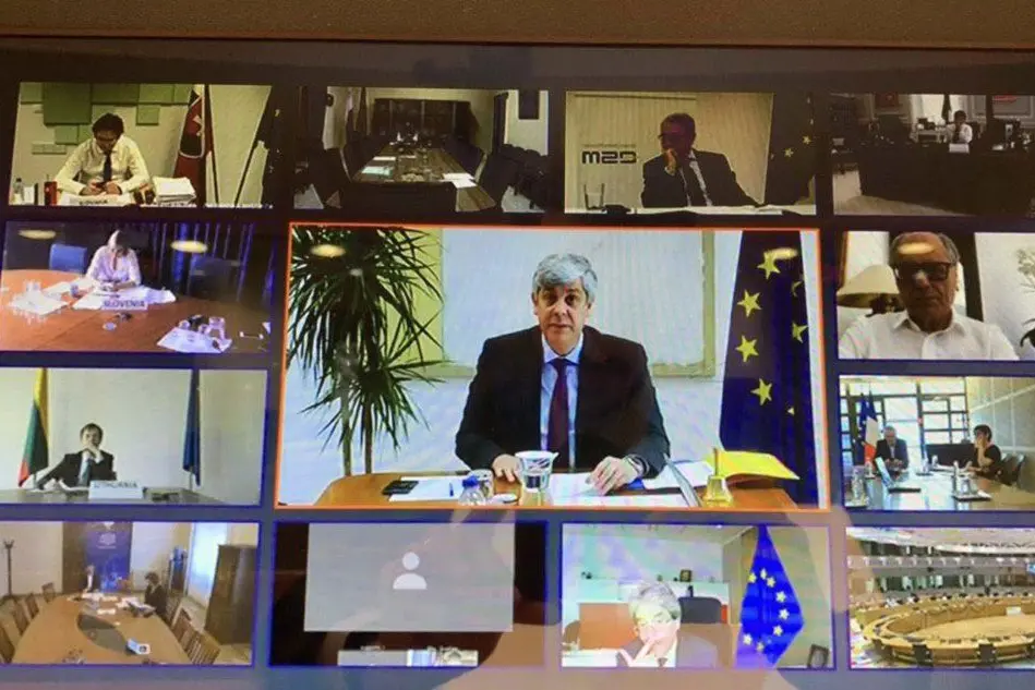 La riunione in videoconferenza dell'Eurogruppo (Ansa)