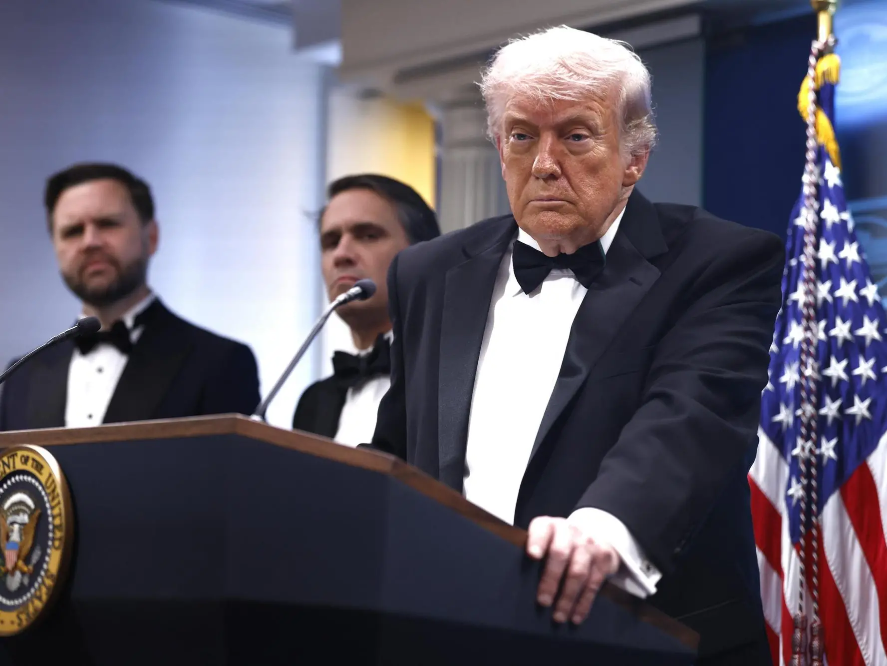epa12914528 US President Donald Trump speaks to reporters in the White House Press Briefing Room after a shooting outside the Washington Hilton ballroom hosting the White House Correspondent’s Dinner caused the postponement of the event in Washington, DC, USA, 25 April 2026. The alleged shooter is in custody. EPA/WILL OLIVER