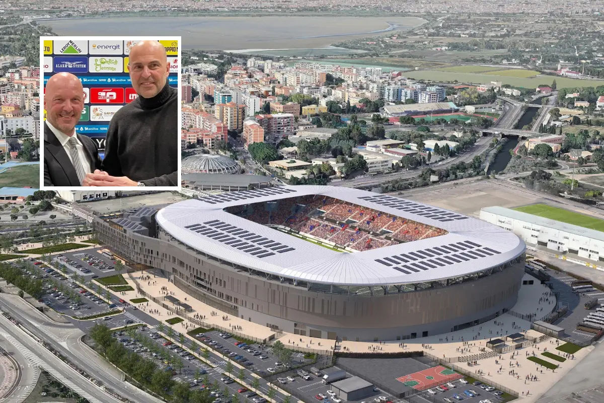Il nuovo stadio e, nel riquadro, Tommaso Giulini e Maurizio Fiori