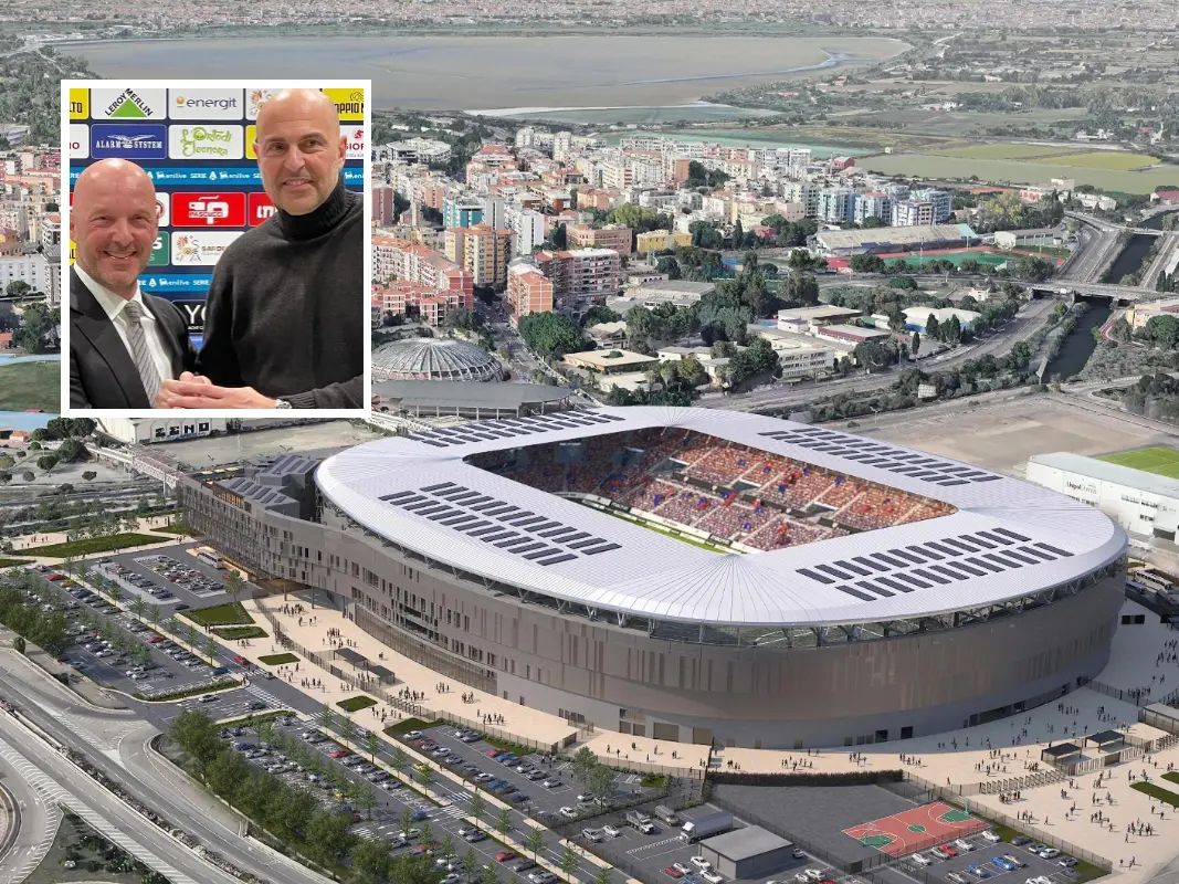 Il nuovo stadio e, nel riquadro, Tommaso Giulini e Maurizio Fiori