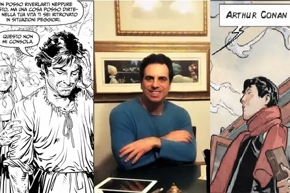 Gianluca Piredda tra una tavola del 1° numero del nuovo Dago e una di “Sir Arthur Conan Doyle racconta Sherlock Holmes”