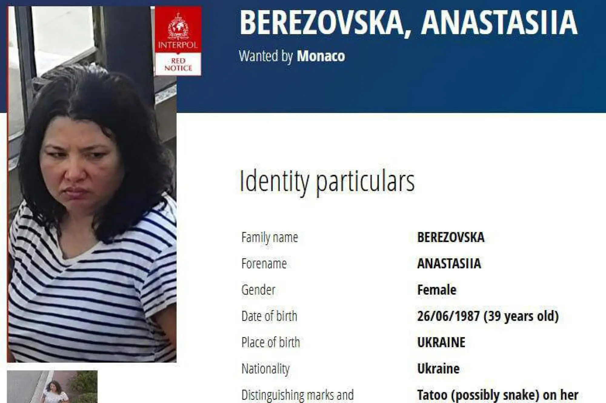 Attentato a Monaco, ricercata la 39enne ucraina Anastasia Berezovska: «Fuggita passando dall'Italia» Si chiama Anastasia Berezovska, 39 anni, la donna ucraina ricercata nell'ambito delle indagini sul tentato omicidio dell'uomo d'affari di origine ucraina Vadim Ermolaev a Monaco, secondo una 'notifica rossa' pubblicata dall'Interpol. ANSA/US INTERPOL +++ NPK +++ NO SALES, EDITORIAL USE ONLY +++