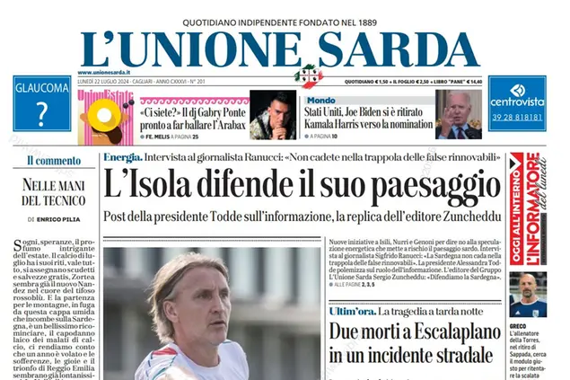 La prima pagina de L'Unione Sarda di oggi