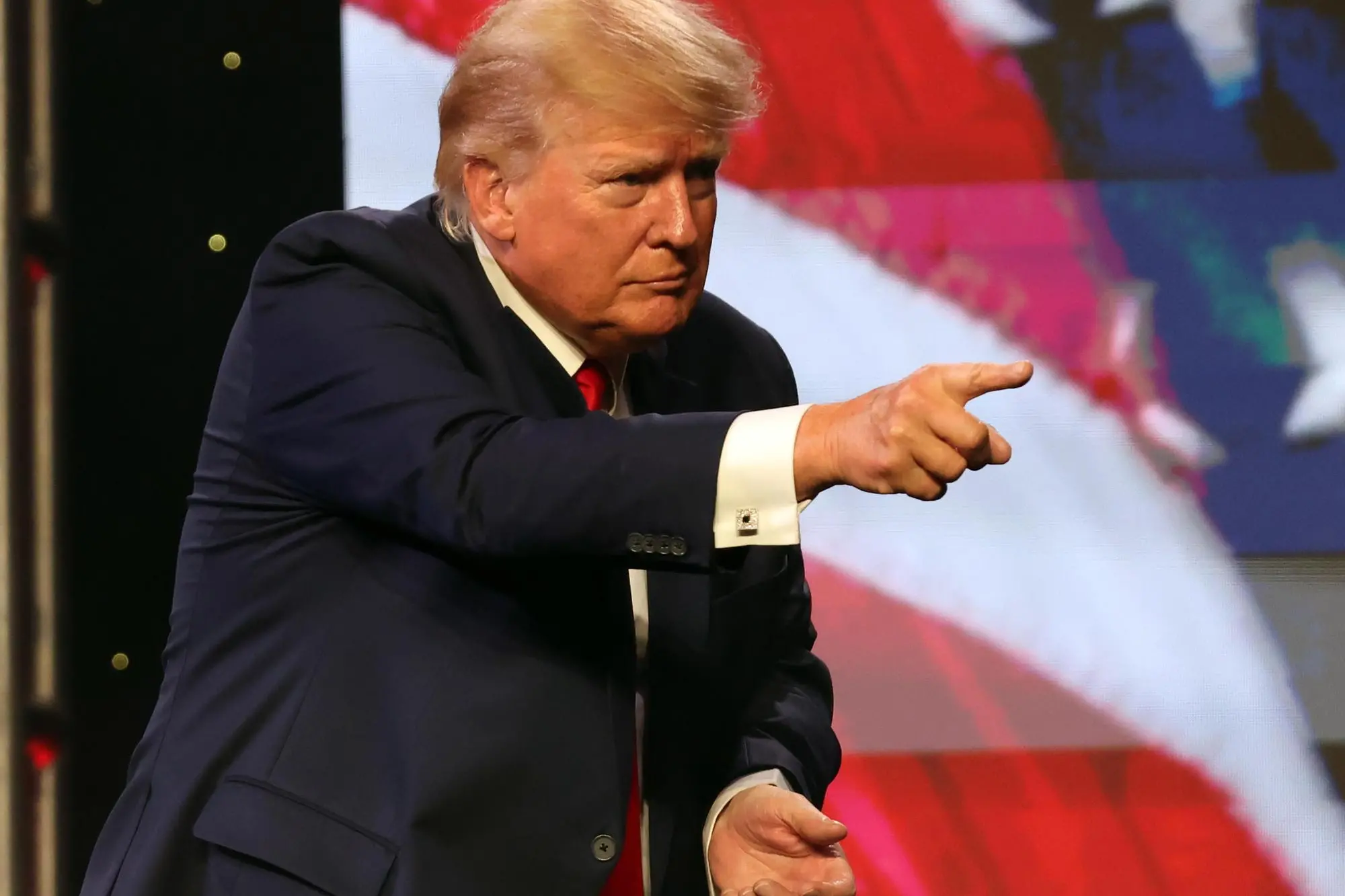 epa09947814 Former US President Donald Trump speaks during the American Freedom Tour at the Austin Convention Center in Austin, Texas, USA, 14 May 2022. The American Freedom Tour is a gathering of conservatives to celebrate Faith, Family, Finances, and Freedom. EPA/ADAM DAVIS