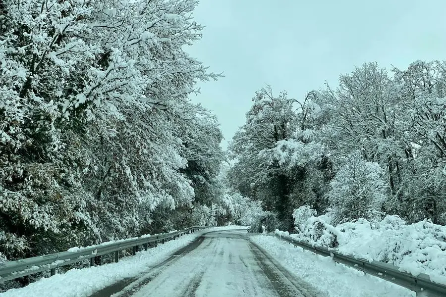 Una strada innevata sulle montagne del Nuorese (Foto Deidda)