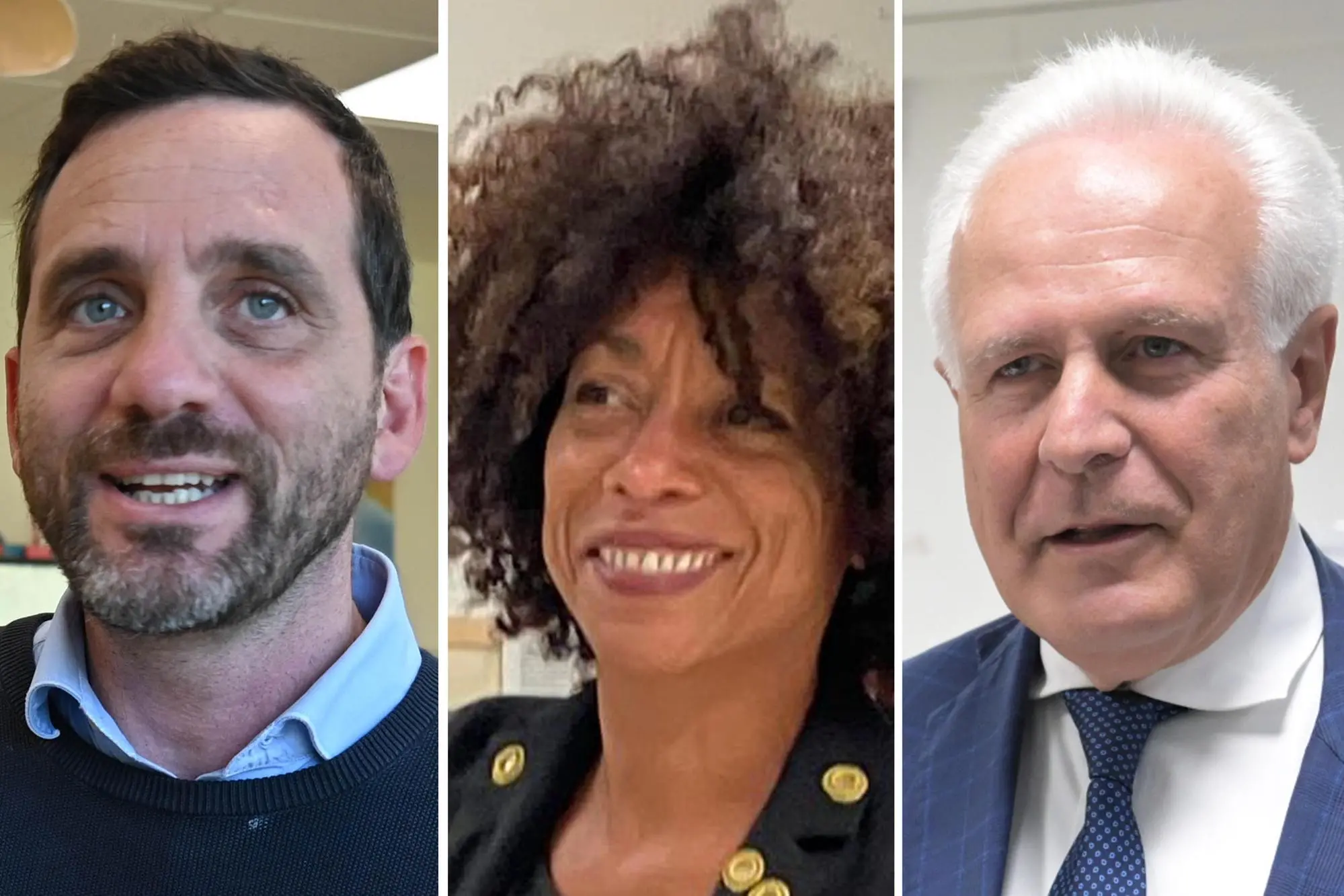 COMBO Elezioni Regionali Toscana, i candidati. Da sinistra Alessandro Tomasi, Antonella Bundu e Eugenio Giani. ROma, 12 ottobre 2025. ANSA CASTELLANI / CATANI / BRESSAN