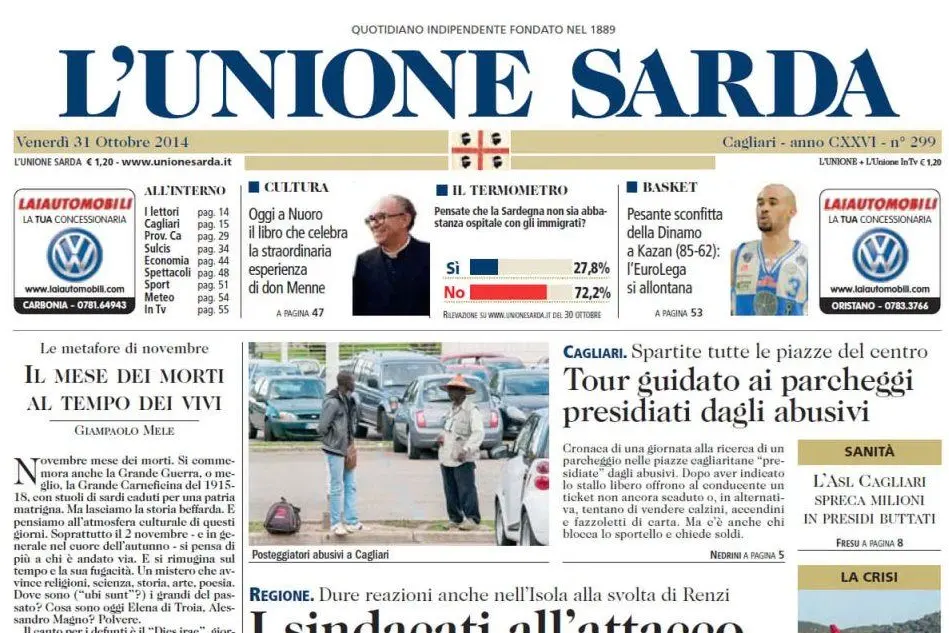 La prima pagina dell'Unione Sarda di venerdì 31 ottobre