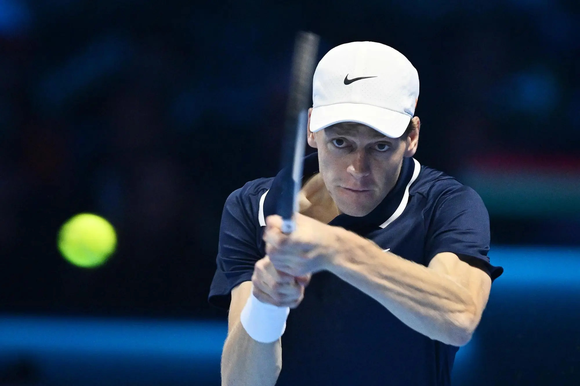 Jannik sinner of Italy plays the match against Taylor Fritz of USA during the final match men's single of Nitto Atp Finals in Turin, Italy, 17 November 2024 . The ATP men's double world number 1 is preparing for the ATP Finals that will run from 10-17 November in Turin ANSA/ALESSANDRO DI MARCO