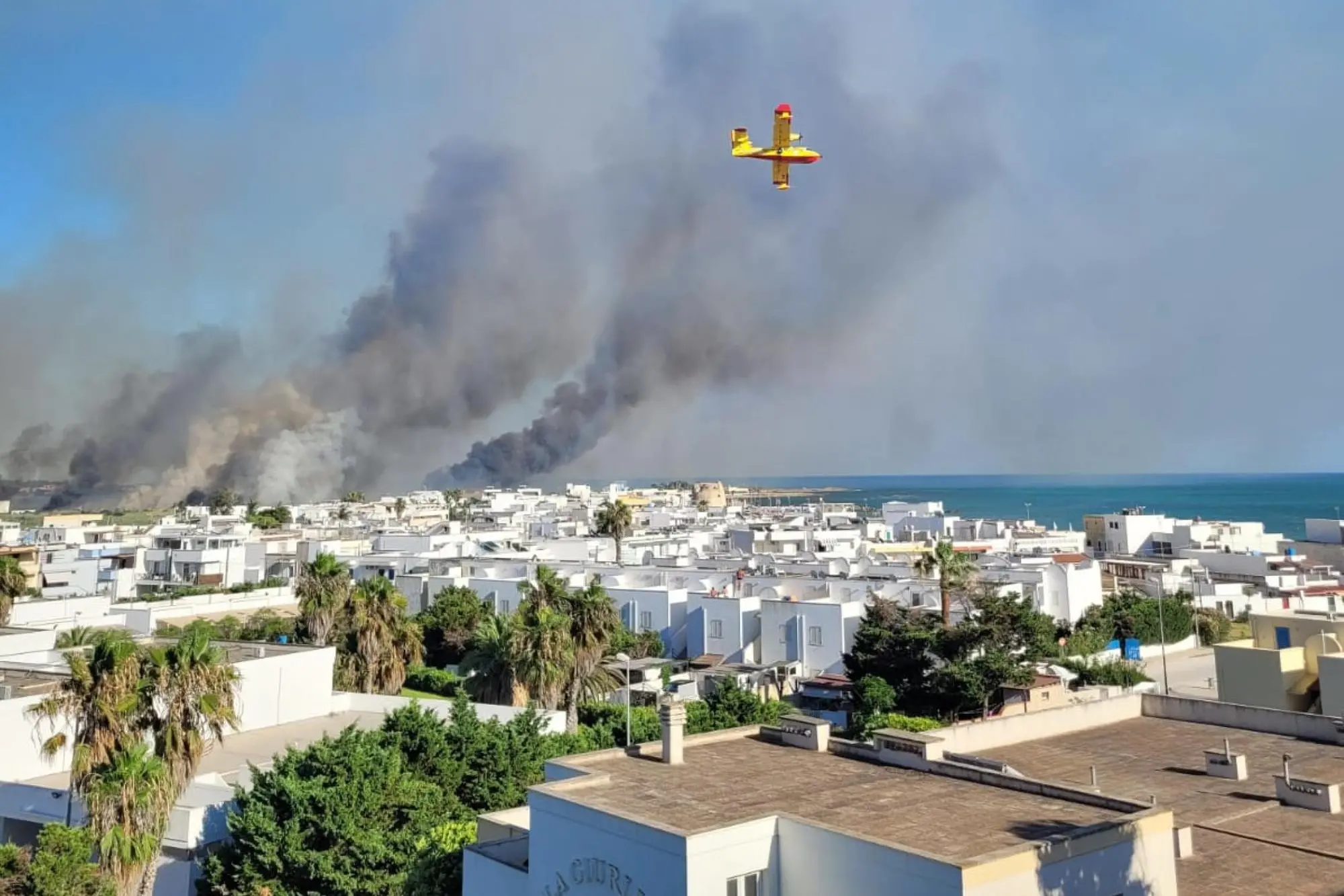 Il vasto incendio divampato a Torre Mozza (foto Arif Puglia via Ansa)