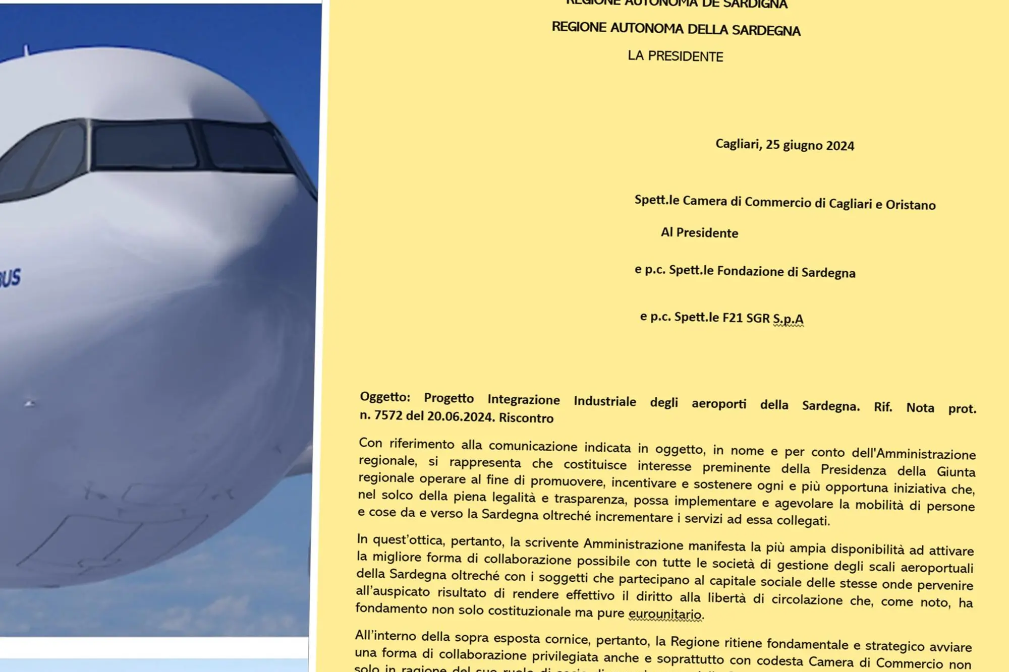L'aeroporto di Cagliari e la lettera "riservata" della presidente della Regione inviata ai vari soggetti con la quale esprime la disonibilità a partecipare al progetto di privatizzazione del primo scalo sardo (L'Unione Sarda)