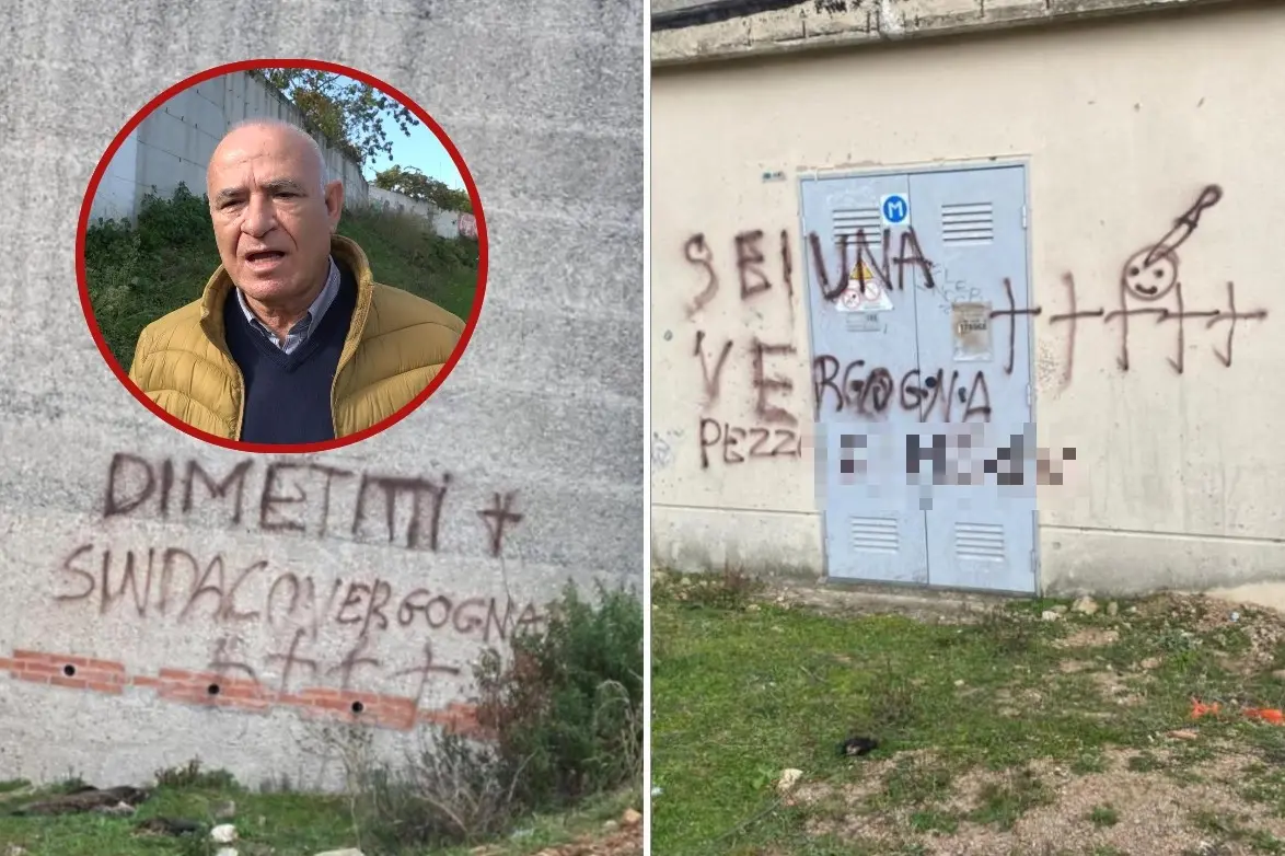 Le scritte contro Pasquale Mereu, sindaco di Orgosolo (nel tondo)