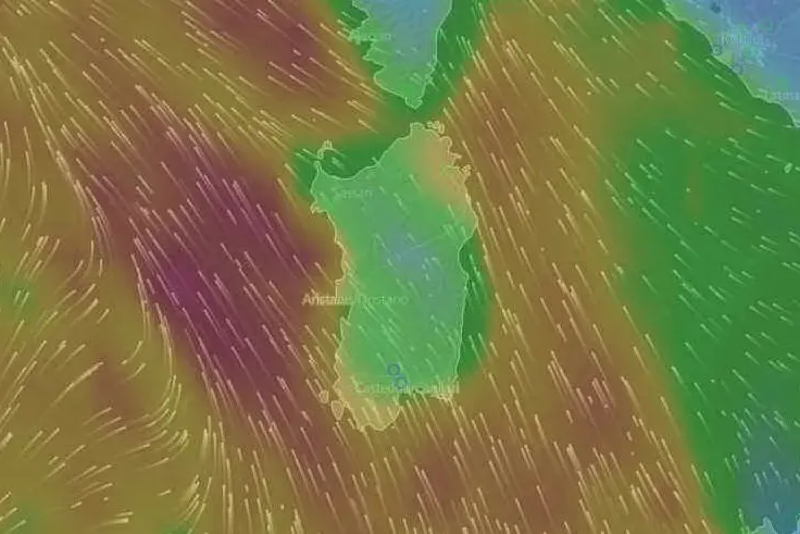 La cartina con la previsione dei forti venti che soffieranno nella serata di mercoledì