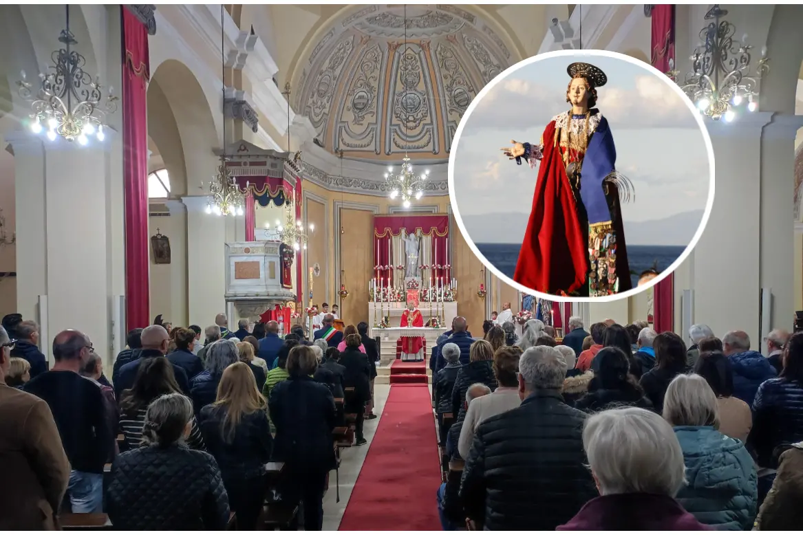 La Messa a Pula (foto Luca Neri) e, nel tondo, Sant'Efisio (L'Unione Sarda)