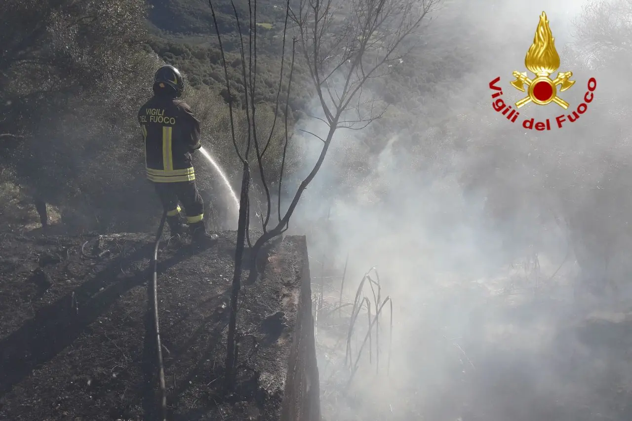 Un vigile del fuoco impegnato nell'incendio a Baunei (foto Vvf)