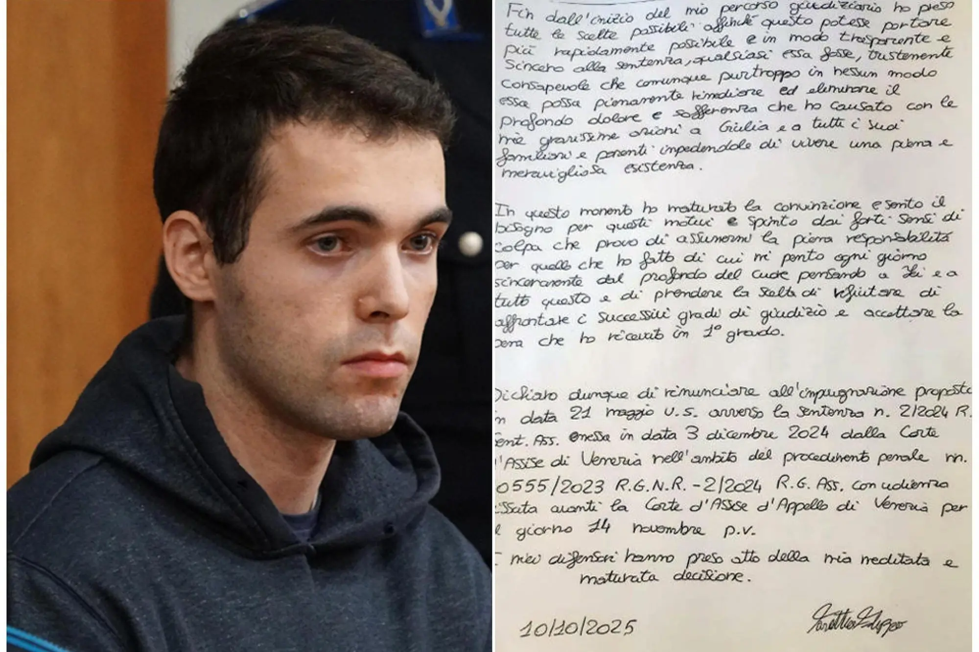 Una immagiine di archivio di Filippo Turetta e una copia della lettera da lui inviata alle autorità giudiziarie con cui rinuncia ai motivi d'appello dell'ergastolo comminatogli in primo grado per l'omicidio di Giulia Cecchettin (Ansa)