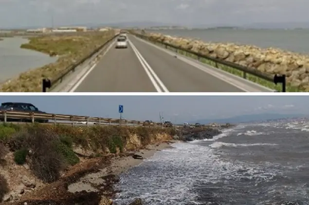 Il progetto della 195 e, sotto, il mare a ridosso della carreggiata