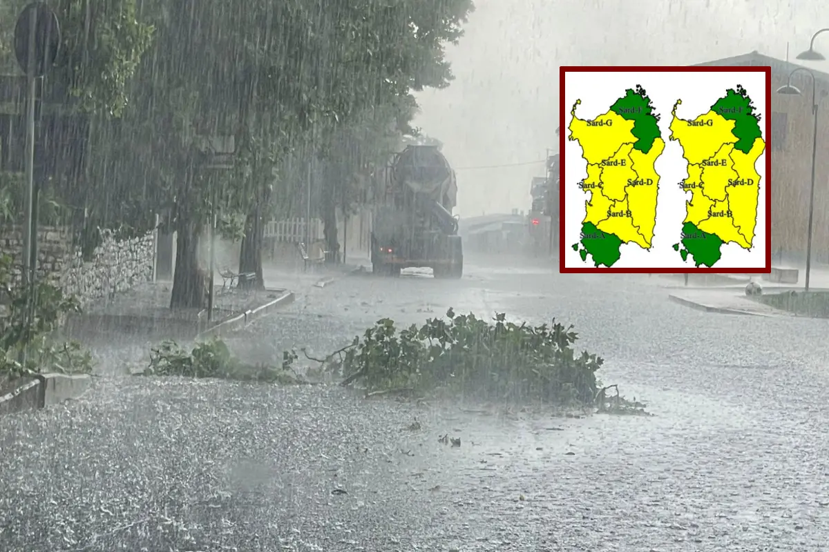 Nella foto la via principale di Mandas. In alto l'allerta gialla emessa dalla Protezione civile valida dalle 14 di oggi fino alle 18 di venerdì