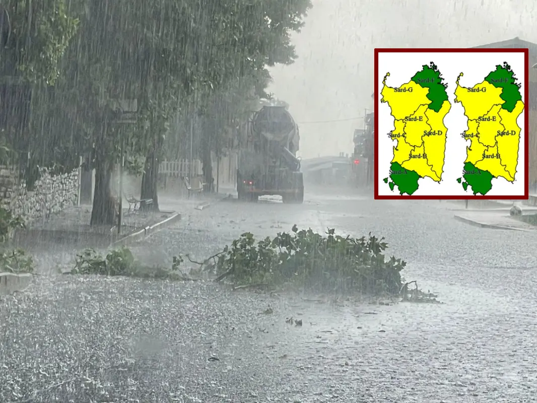Nella foto la via principale di Mandas. In alto l'allerta gialla emessa dalla Protezione civile valida dalle 14 di oggi fino alle 18 di venerdì
