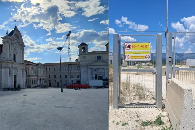 Nell'immagine a sinistra, piazza Duomo a L'Aquila; a destra la Zona rossa di Amatrice
