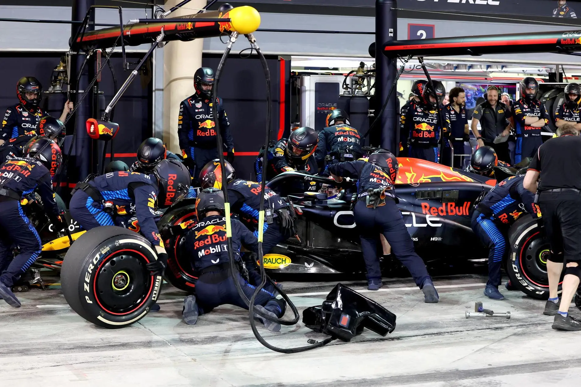 epa11194242 Red Bull Racing driver Max Verstappen of Netherlands during a pit stop in the Formula One Bahrain Grand Prix, at Bahrain International Circuit in Sakhir, Bahrain, 02 March 2024. EPA/ALI HAIDER / POOL