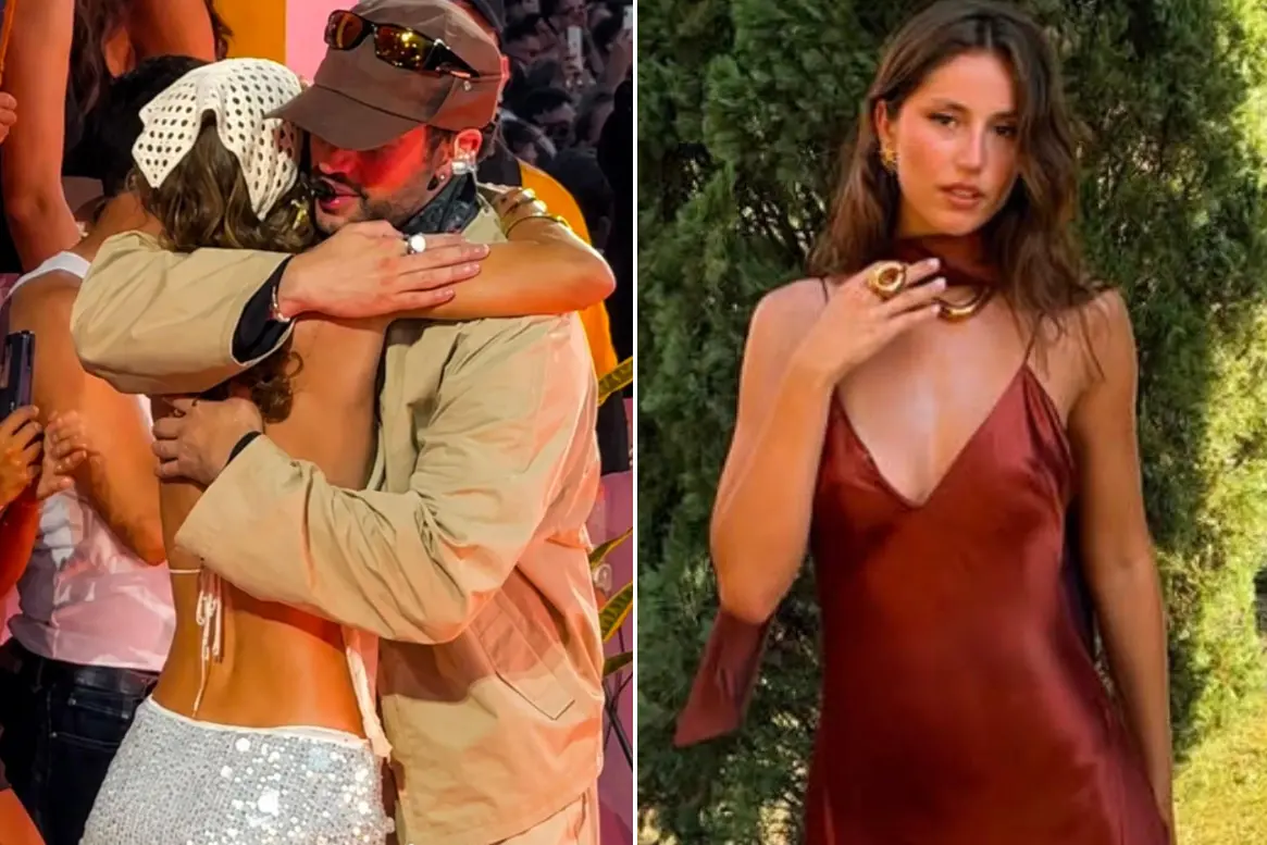 Elena Di Martino e, a sinistra, l'abbraccio con Bad Bunny
