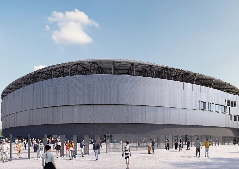Un render dell'esterno del nuovo stadio del Cagliari
