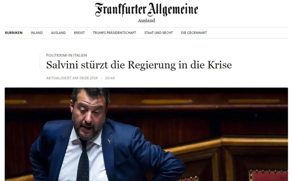 &quot;Salvini provoca la crisi di governo&quot;, il titolo della Frankfurter Allgemeine