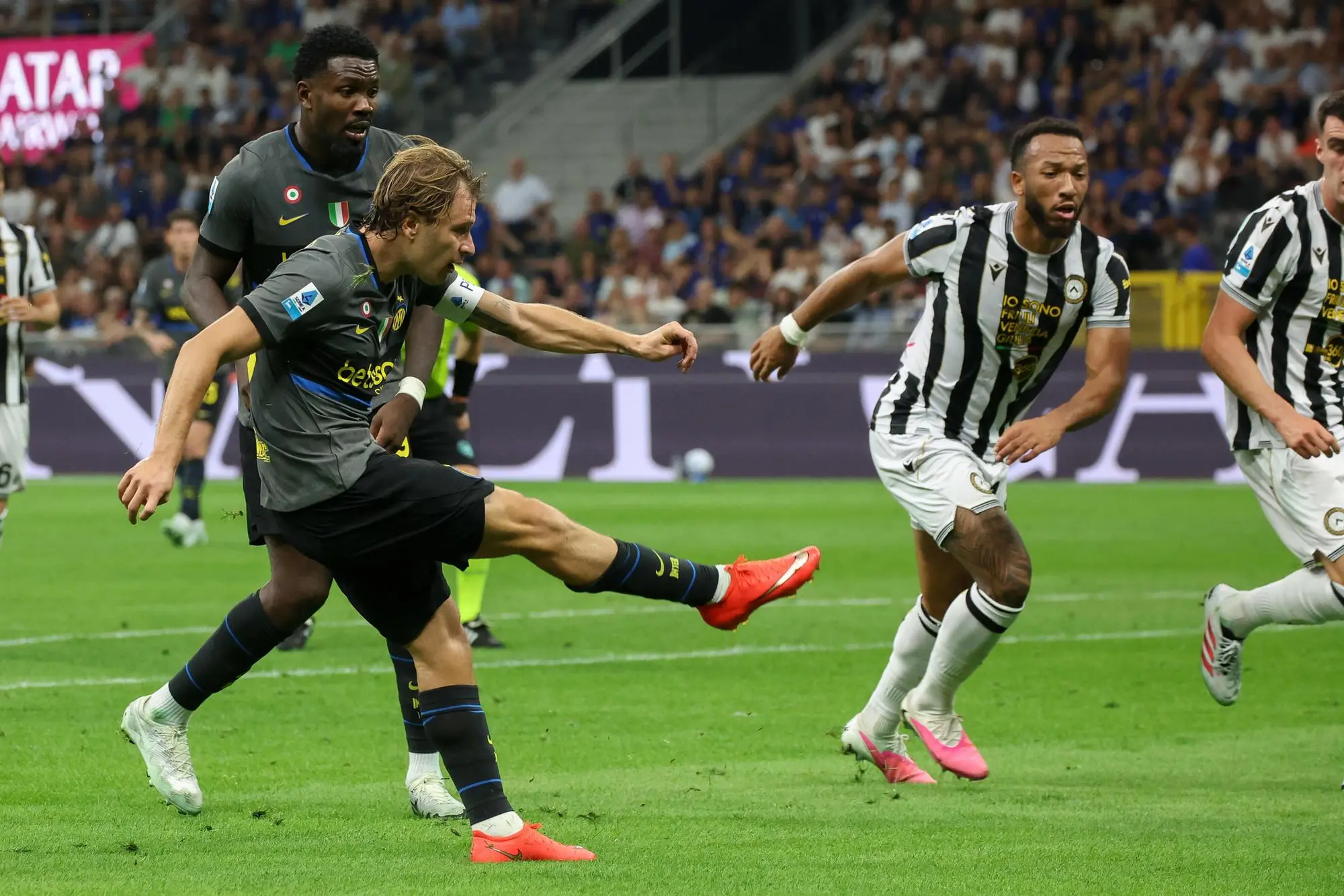 FC Inter's midfielder Nicolò Barella scores the 2-2 goal during the Italian Serie A soccer match between FC Inter and Udinese at Giuseppe Meazza Stadium in Milan, Italy, 14 September 2026. ANSA / MATTEO BAZZI