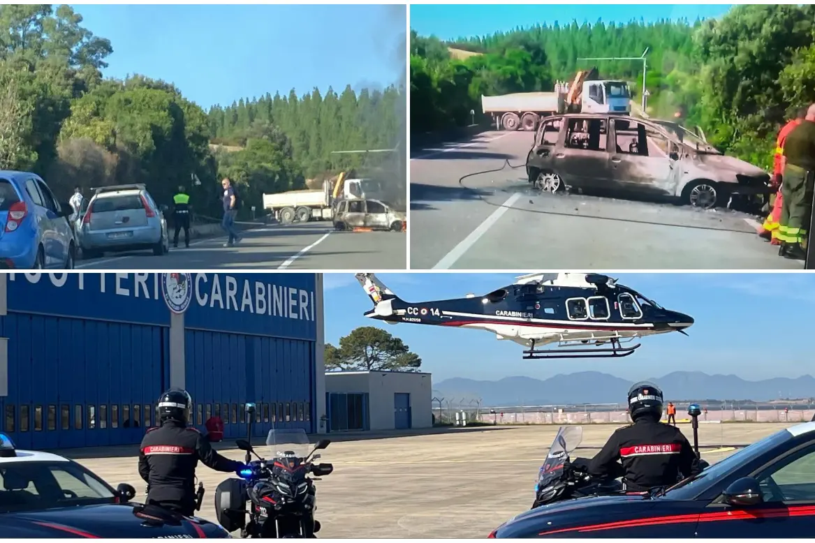 I mezzi usati per sbarrare la strada, sotto carabinieri in azione (foto L'Unione Sarda)