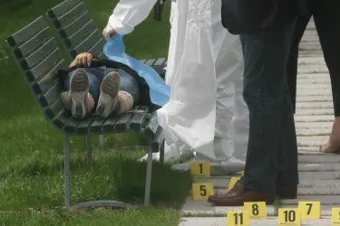 La polizia scientifica sul luogo dove è stata uccisa una donna su una panchina a Milano (foto: Ansa)