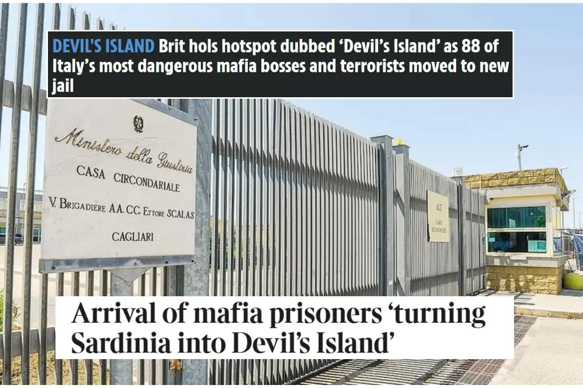 Il carcere di Uta, nei riquadri dall'alto i titoli del Sun e del Times